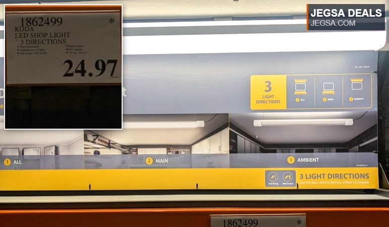 KODA 3-directional LED shop light with advanced motion sensor, ideal for garages or workshops, available at Costco for $24.97.
