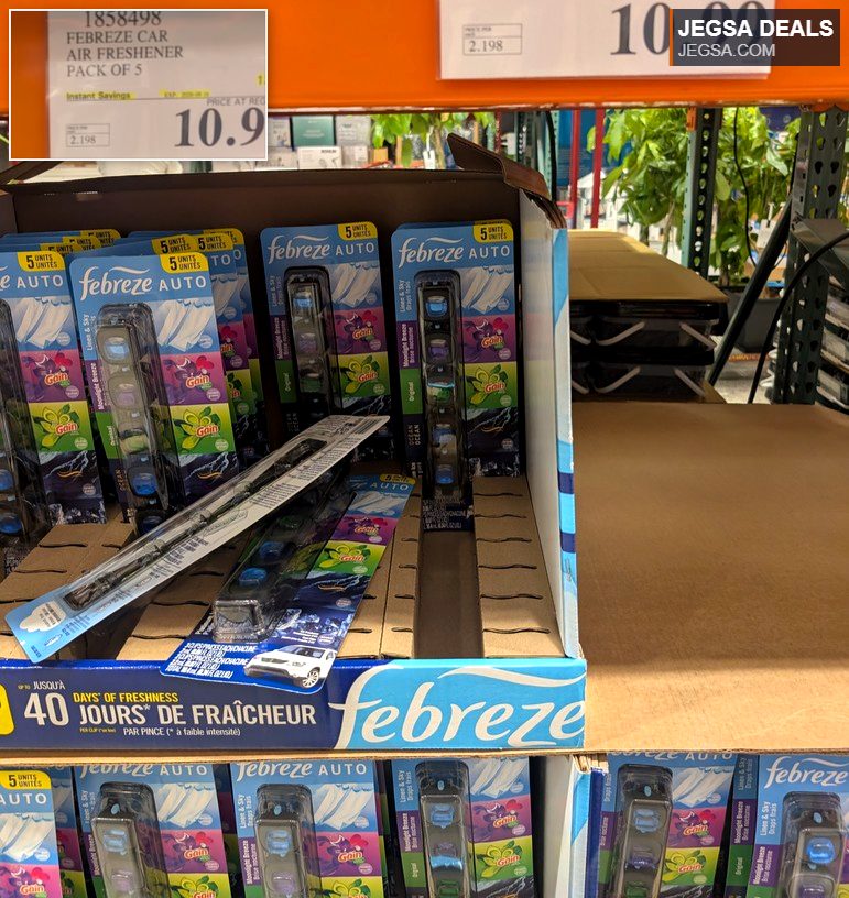 Febreze Auto car air freshener pack of 5, offering various scents for a fresh car interior, available at Costco for $10.99.