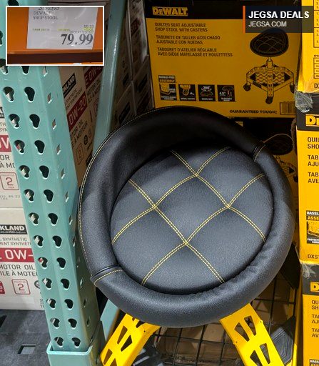 Black quilted adjustable DEWALT shop stool with casters, ideal for garage or workshop, seen at Costco for $79.99.