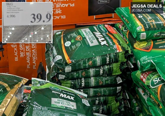 Scotts Green Max Grass Seed 8kg bag from Costco for $39.97, ideal for creating a vibrant green lawn.