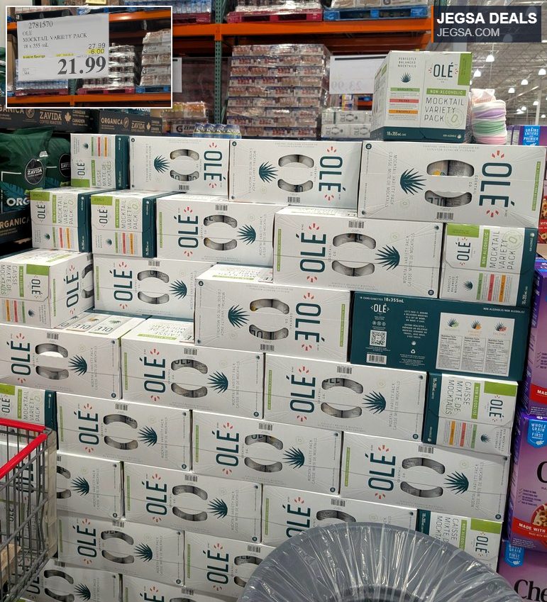 OLE Mocktail Variety Pack 18 x 355ml from Costco for $21.99, a refreshing non-alcoholic beverage selection.