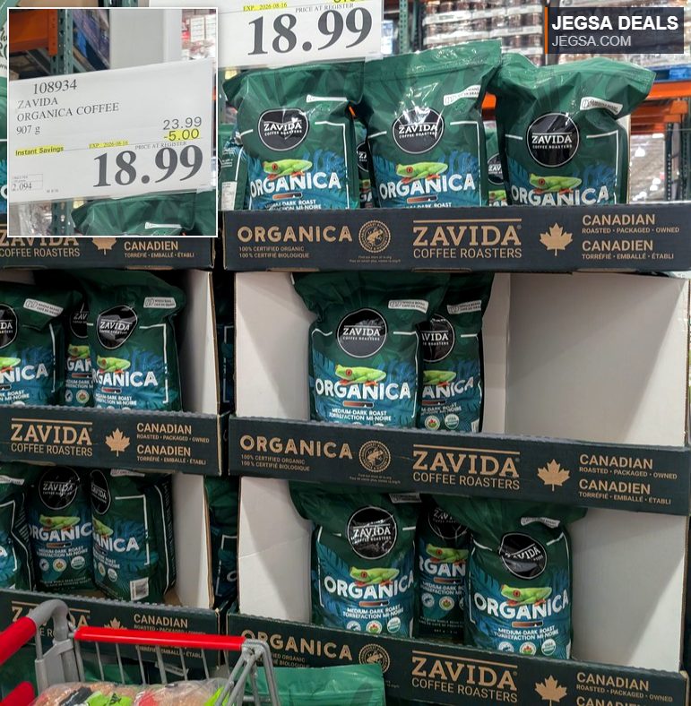 Zavida Organica Medium Dark Roast Coffee, 907g, on sale for $18.99 at Costco. Certified organic, Canadian roasted.