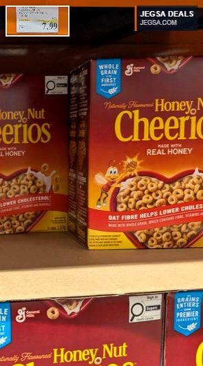 Large 1.51 kg box of General Mills Honey Nut Cheerios cereal from Costco, priced at $7.99 with instant savings.