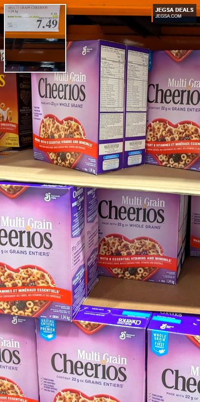Large box of General Mills Multi Grain Cheerios cereal, made with whole grains, available at Costco for $7.49.