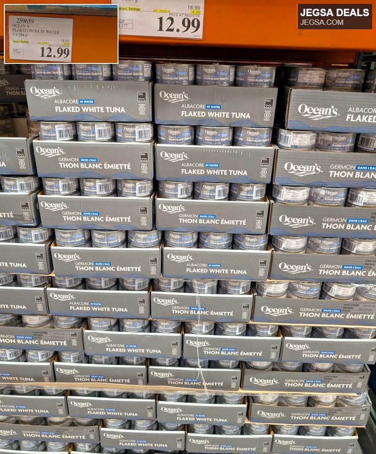 Bulk pack of Ocean's Flaked Tuna in Water, 6 cans x 184g, on sale for $12.99 at Costco, an essential pantry item.