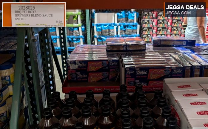 BBQ Pit Boys Brewers Blend Sauce 650 mL at Costco for $6.99, a flavorful grilling and marinating sauce.