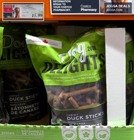 Dog Delights Chewy Duck Sticks, 1.25 kg, all-natural dog treats from Costco on sale for $15.99.
