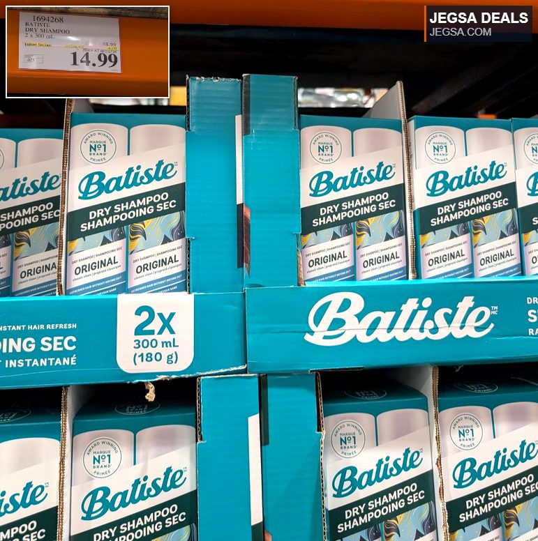 Batiste Original Dry Shampoo twin pack (2x300mL) from Costco, $14.99, for instant hair refresh.