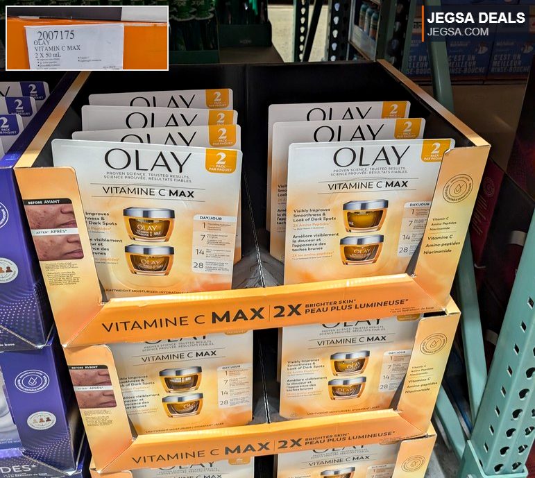Olay Vitamin C Max lightweight moisturizer 2x50ml from Costco, $39.97, for brighter skin and improved dark spots.
