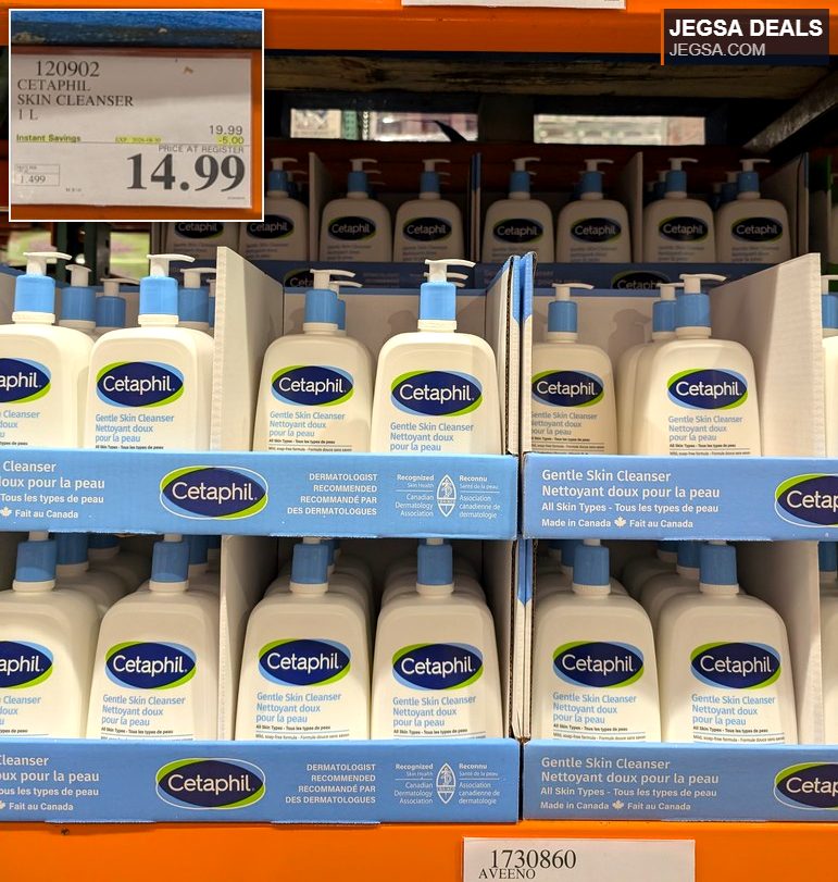 Cetaphil Gentle Skin Cleanser 1L bottle on sale for $14.99 at Costco, suitable for all skin types.