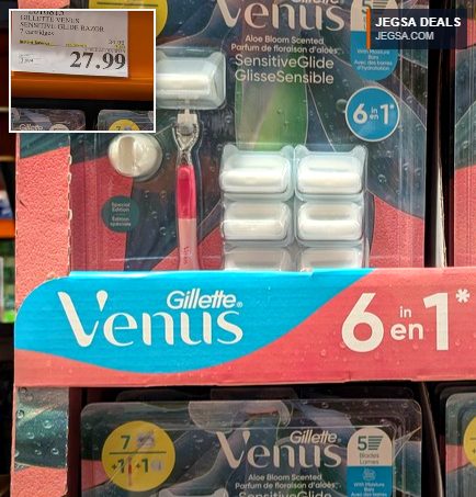 Gillette Venus SensitiveGlide razor with 7 refill cartridges and shower holder for sensitive skin, found at Costco for $27.99.