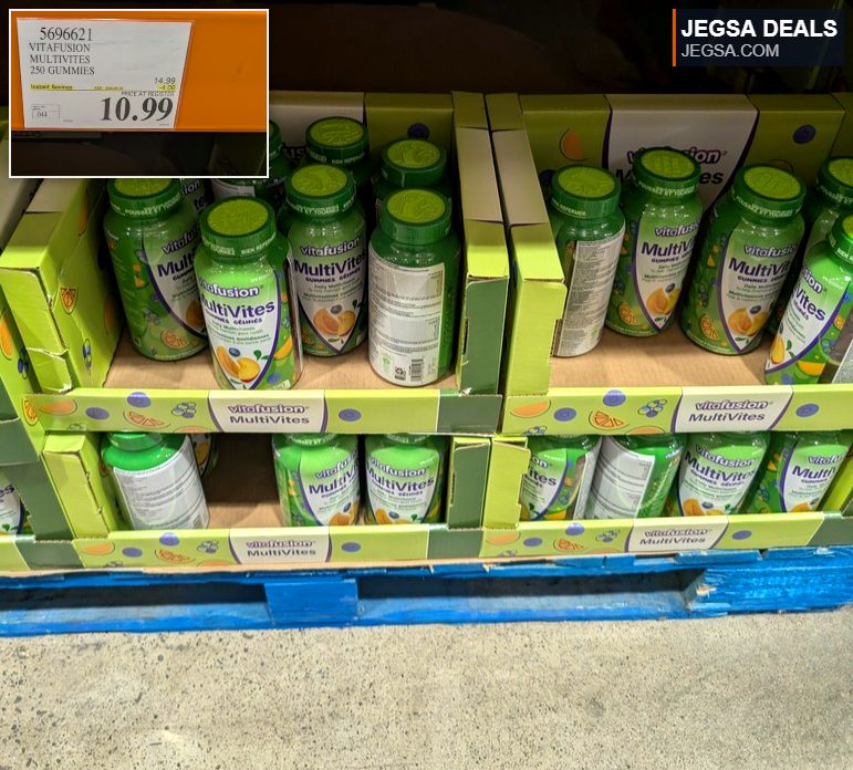 Vitafusion MultiVites 250 gummies in a green bottle, on sale for $10.99 at Costco.