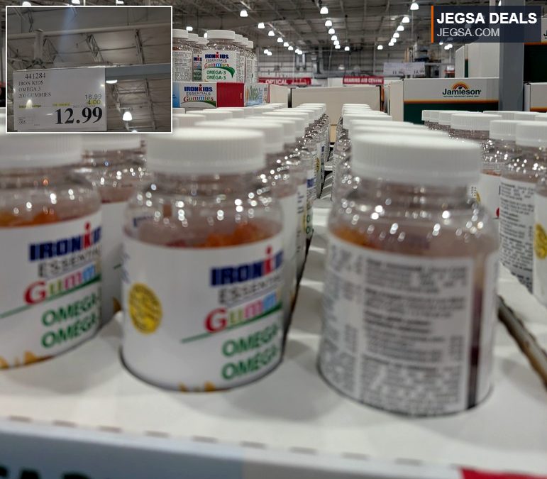 Iron Kids Essentials Omega 3 gummies, 200 count, in clear bottles on display at Costco for $12.99, a health supplement for children.
