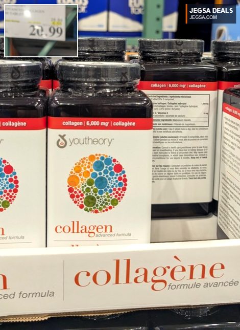 Youtheory Collagen Advanced Formula 390 tablets for $20.99 at Costco, supporting healthy skin, hair, and nails.