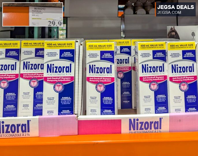 Nizoral Anti-Dandruff Shampoo 400 mL from Costco, $29.99, for scalp health.