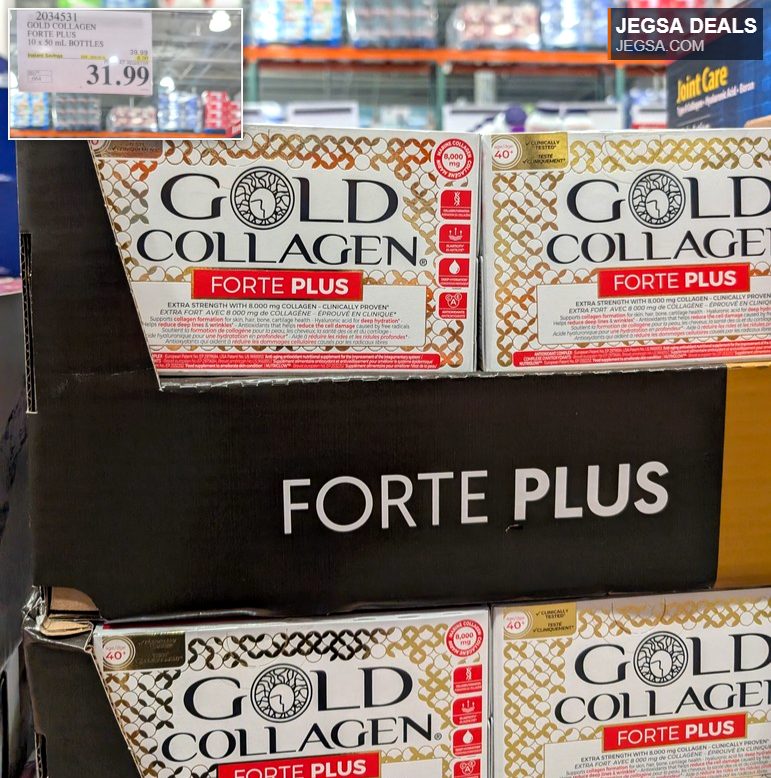 Gold Collagen Forte Plus extra strength liquid collagen supplement, 10x50ml bottles, for skin, hair, and joint health from Costco.
