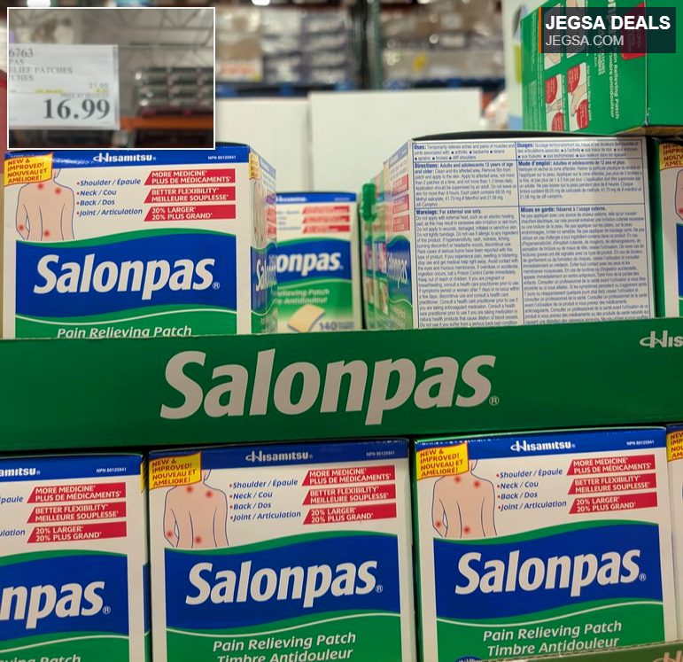 Salonpas pain relief patches 140 count for muscle and joint aches, available at Costco for $16.99.