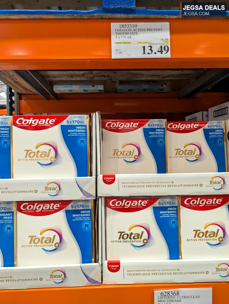 Colgate Total Active Prevention Toothpaste 5x170ml pack, on sale for $13.49 at Costco, offering fresh whitening.