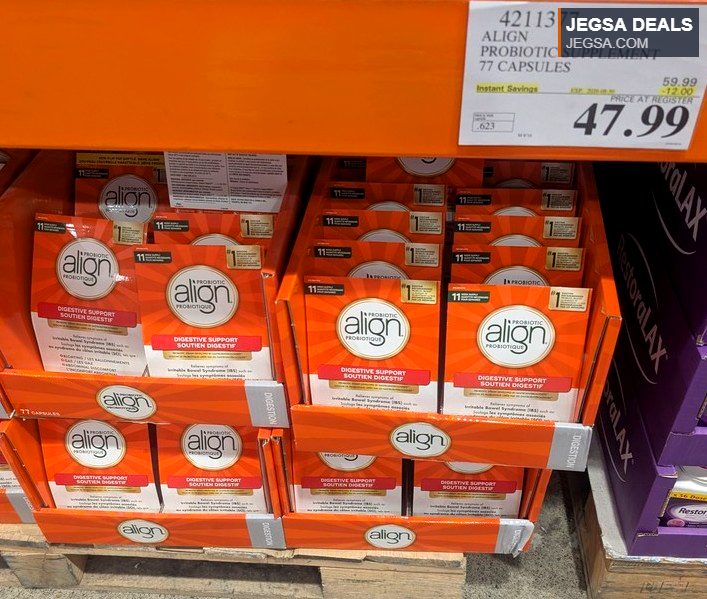 Orange and white box of Align Probiotic Supplement, 77 capsules, for digestive support, sold at Costco for $47.99.
