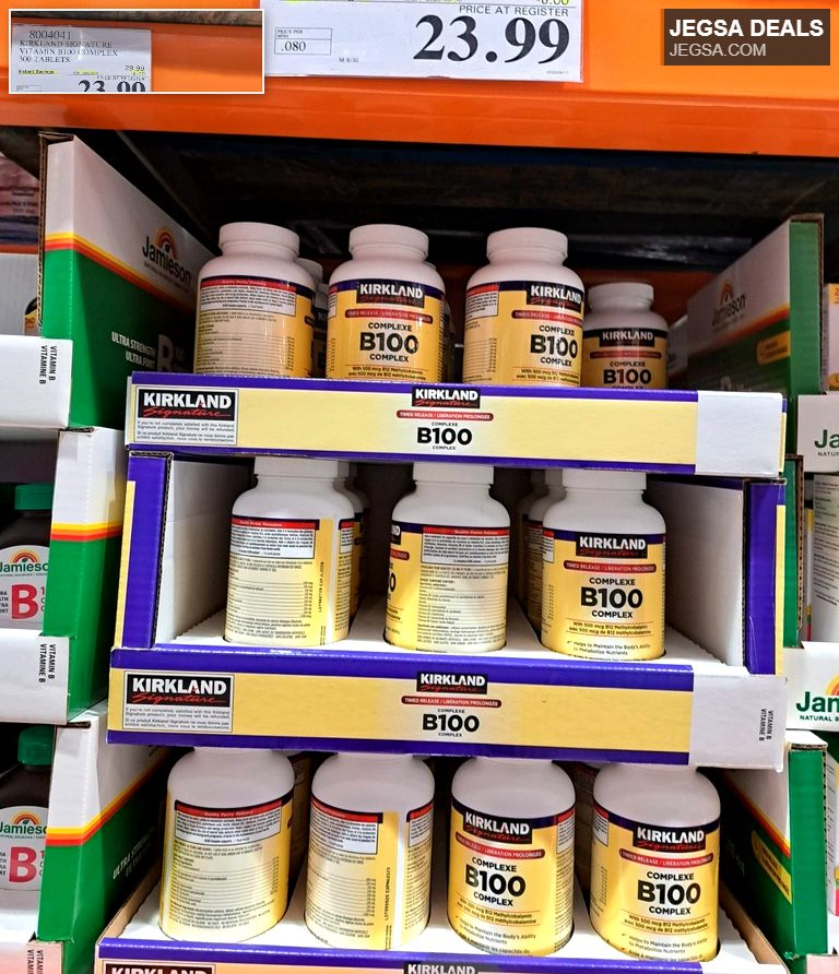 Kirkland Signature Vitamin B100 Complex 300 tablets from Costco, priced at $23.99, supporting energy and metabolism.