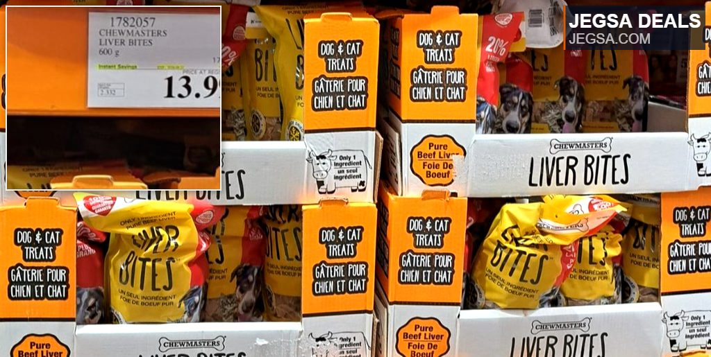 Chewmasters Pure Beef Liver Bites dog & cat treats in yellow/red bags, 600g, on sale at Costco.