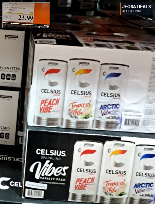 Celsius Vibes Sparkling Energy Drink variety pack (18x355mL) from Costco, featuring Peach, Tropical, and Arctic Vibe flavors.