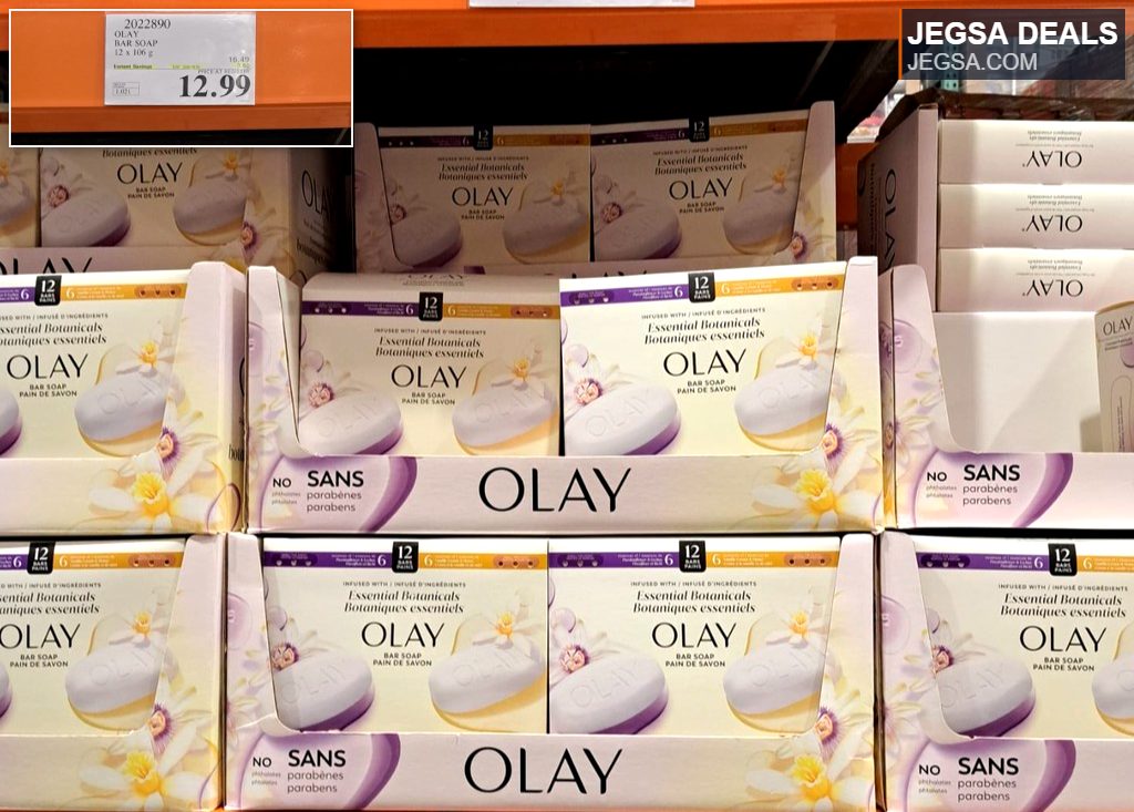 Olay Essential Botanicals Bar Soap 12 x 106g pack, paraben-free, infused with ingredients, from Costco for $12.99.