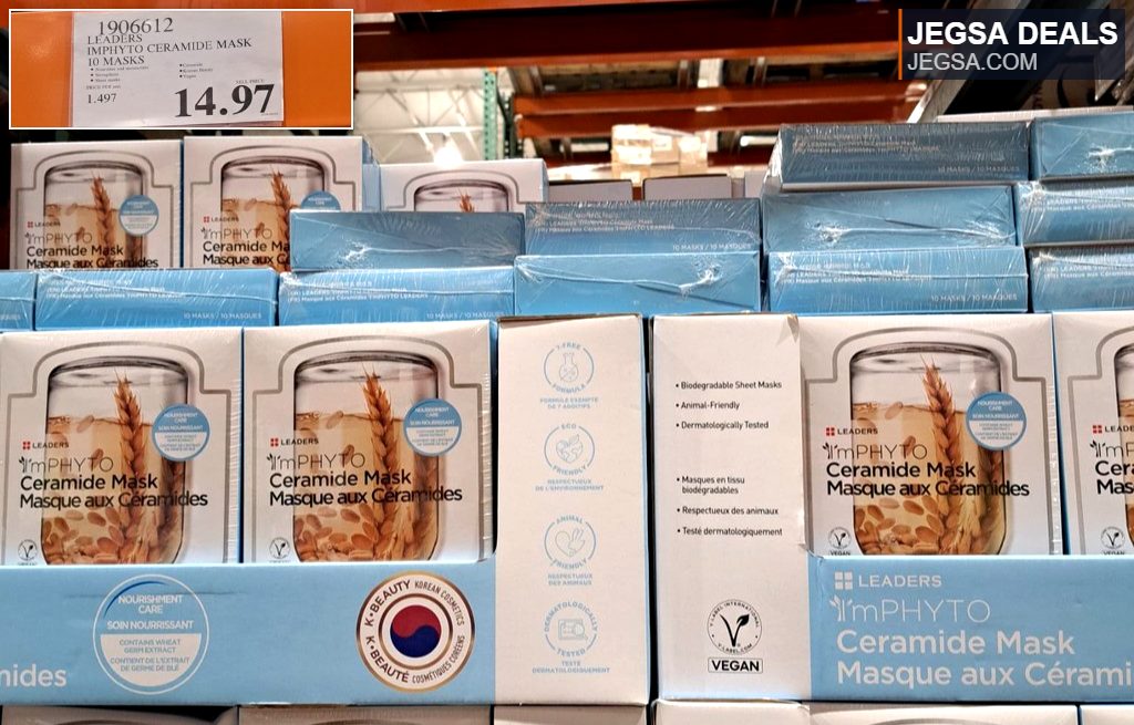 Leaders I'm Phyto Ceramide Mask 10-pack for nourished skin, found at Costco for $14.97. Features K-Beauty and vegan ingredients.