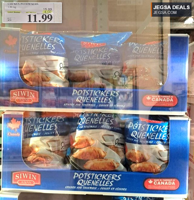 Siwin Asian Chicken and Vegetable Potstickers, 1.91 kg, on sale for $11.99 at Costco.
