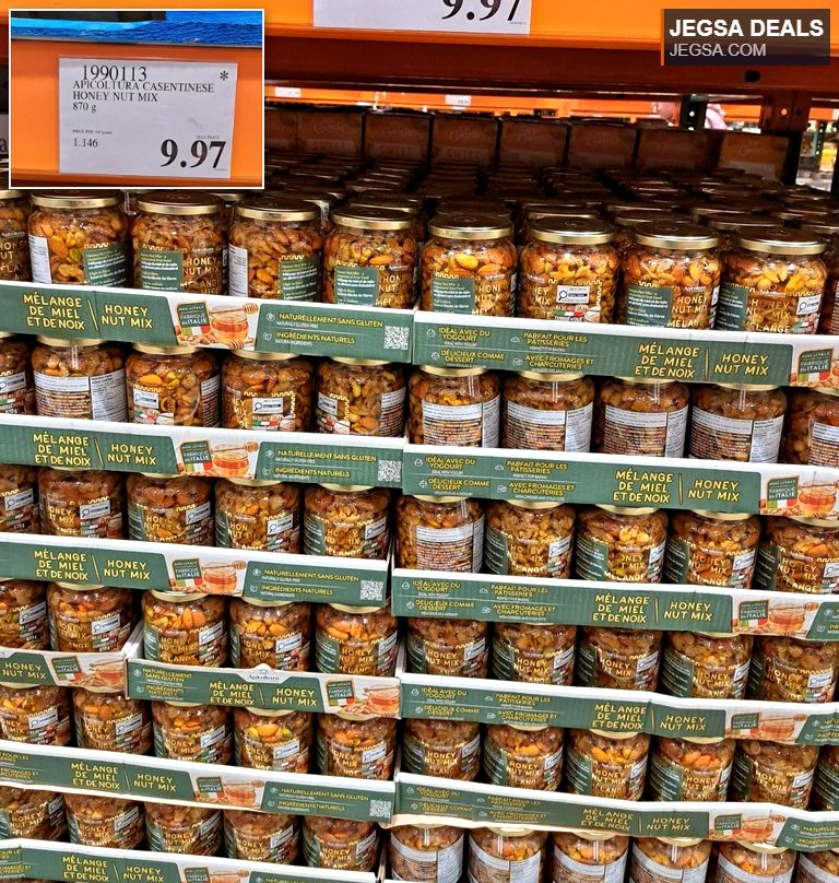 Apicoltura Casentinese Honey Nut Mix jars from Costco, an 870g blend of sweet honey and crunchy nuts.