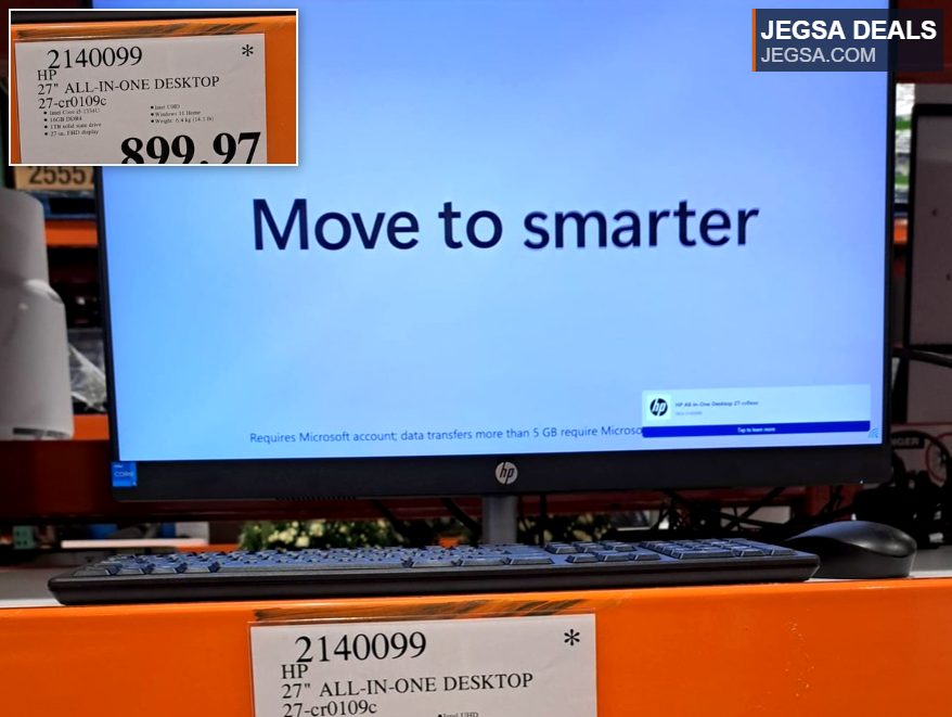 HP 27-inch All-in-One Desktop with Intel Core i5 and 1TB SSD, running Windows 11 Home, available at Costco for $899.97.