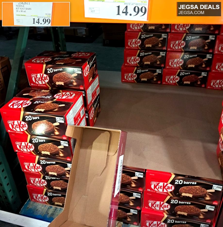 20-pack of Nestle Kit Kat ice cream bars from Costco, featuring chocolate-covered frozen treats with crisp wafer pieces.