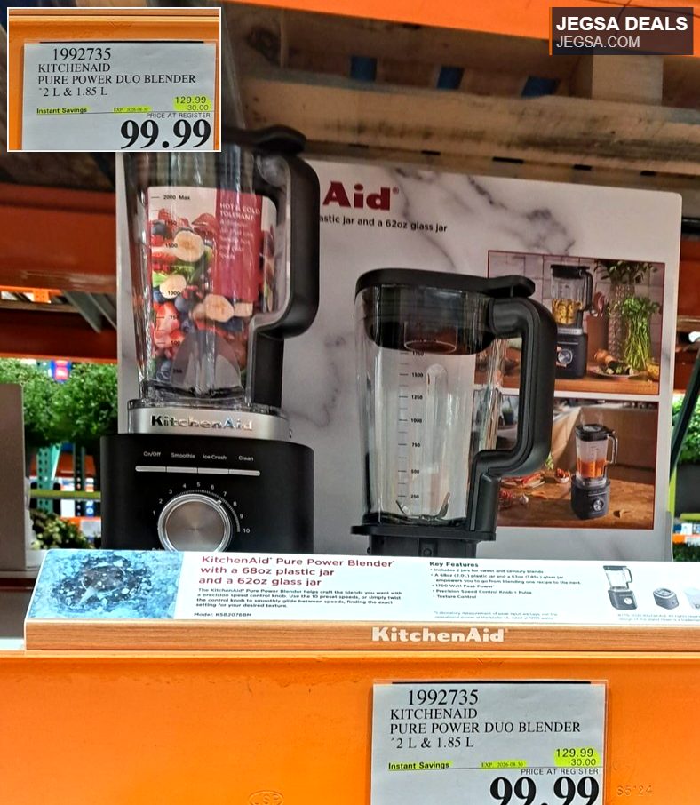 KitchenAid Pure Power Duo Blender with 2L plastic and 1.85L glass jars, black base, on sale at Costco for $99.99.