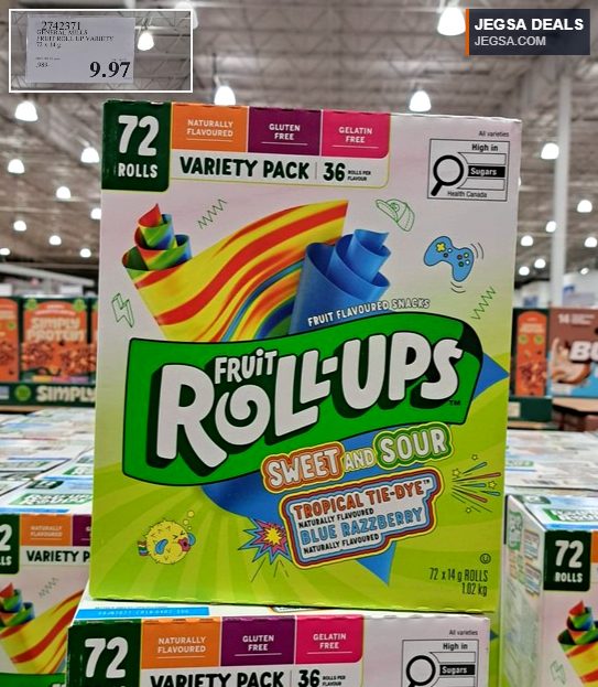 General Mills Fruit Roll-Ups Sweet and Sour 72-count variety pack from Costco, $9.97, gluten-free, naturally flavored.