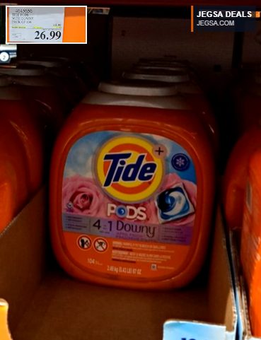 Tide Pods 4-in-1 with Downy laundry detergent, 104 count, on sale for $26.99 at Costco.