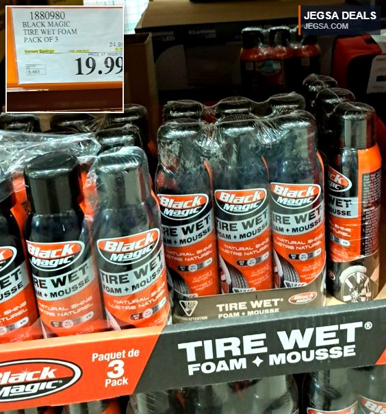 Black Magic Tire Wet Foam + Mousse 3-pack for cars, providing natural shine and protection, found at Costco for $19.99.