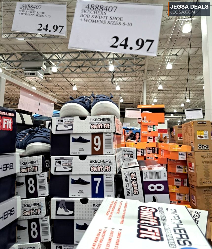 Navy blue Skechers Bob Swift Fit women's shoes, sizes 6-10, from Costco, priced at $24.97. Ideal for comfortable wear.