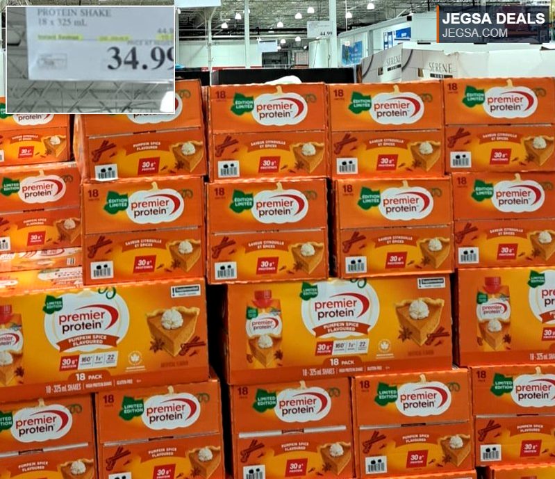 Limited edition Premier Protein Pumpkin Spice protein shakes, an 18-pack from Costco for $34.99, offering 30g protein.