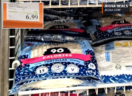 Mejicano Thin 9" Tortillas, 15 count, 90 calories per serving, from Costco, priced at $6.99.