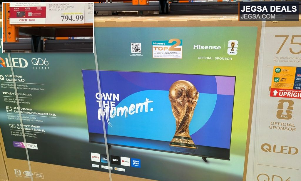 Hisense 75-inch QD6 Series 4K UHD QLED Smart TV with Dolby Vision and FIFA branding, available at Costco for $794.99.
