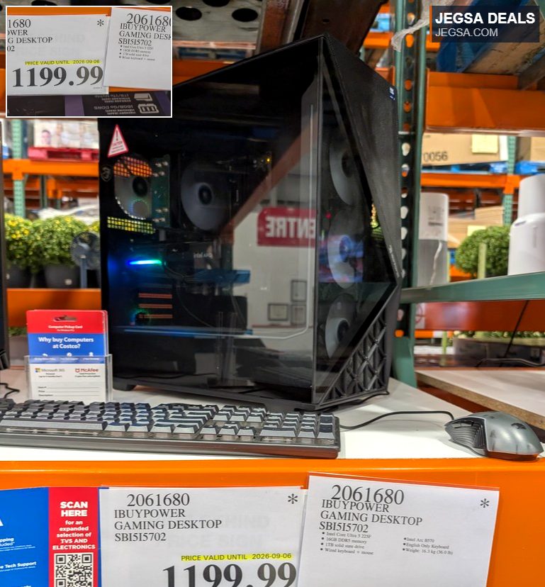 Black IBUYPOWER gaming desktop with Intel Core Ultra 5, 16GB DDR5, and 1TB SSD, available at Costco for $1199.99.