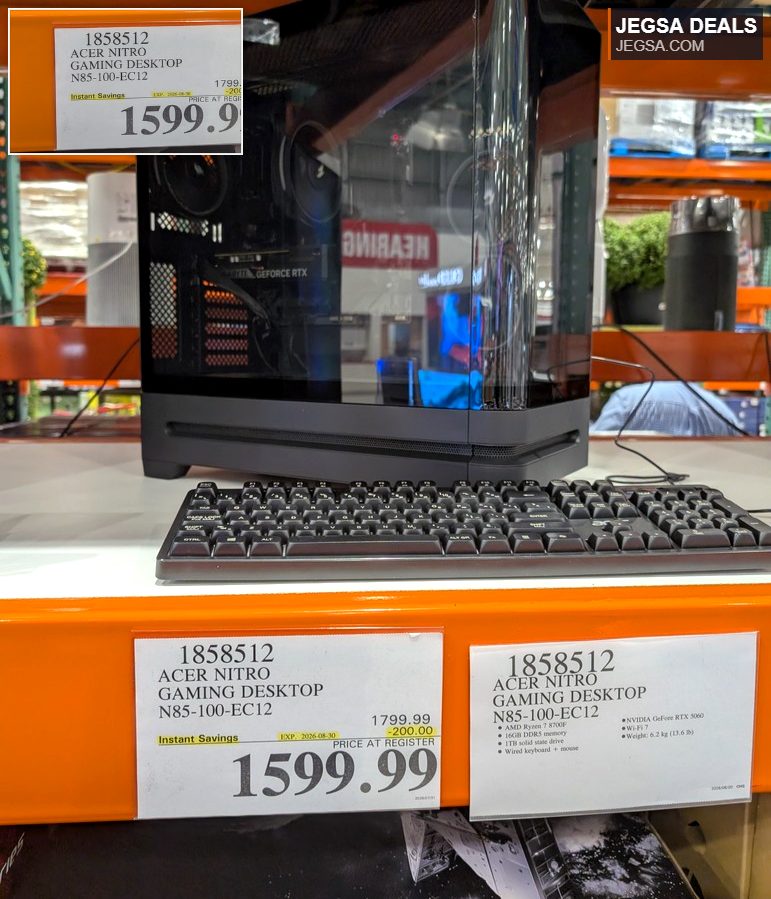 Acer Nitro N85-100-EC12 gaming desktop with keyboard and mouse, featuring RTX 3060, AMD Ryzen 7 8700F, 16GB DDR5, and 1TB SSD from Costco for $1599.99.