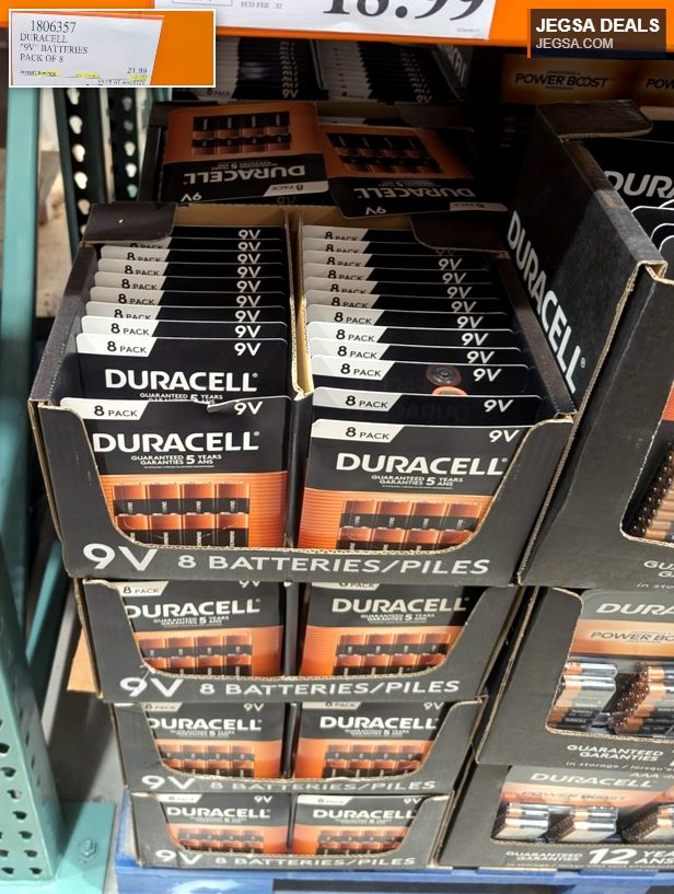 Duracell 9V batteries 8-pack on sale at Costco for $18.99, ideal for smoke detectors and other electronic devices.