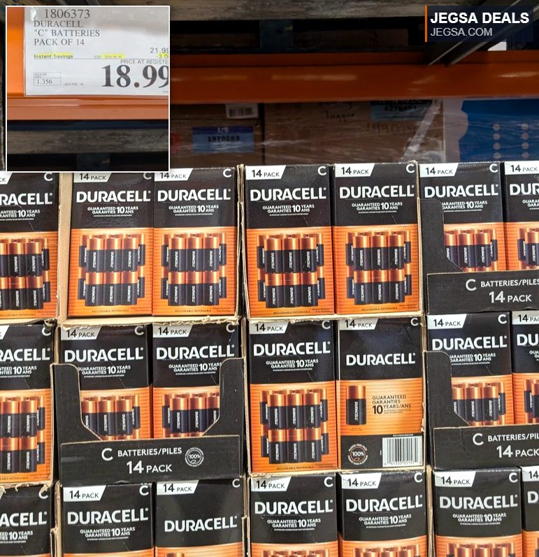 Duracell C batteries 14-pack for $18.99 at Costco, ideal for household electronics requiring reliable power.