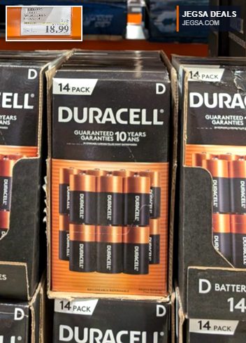 Duracell D batteries 14-pack from Costco, $18.99, guaranteed 10 years.