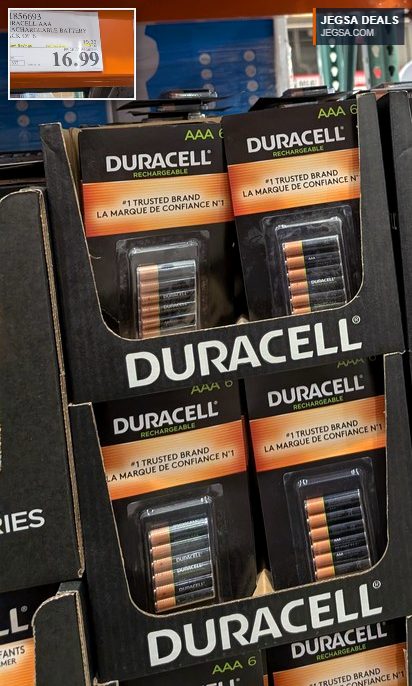 Duracell AAA rechargeable battery pack of 6 from Costco for $16.99, ideal for powering electronic devices.