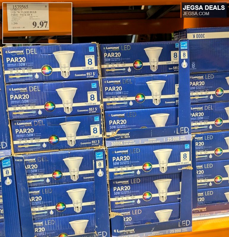 Luminus LED PAR20 7W flood bulbs, 8-pack, bright white, ENERGY STAR certified, from Costco for $9.97.