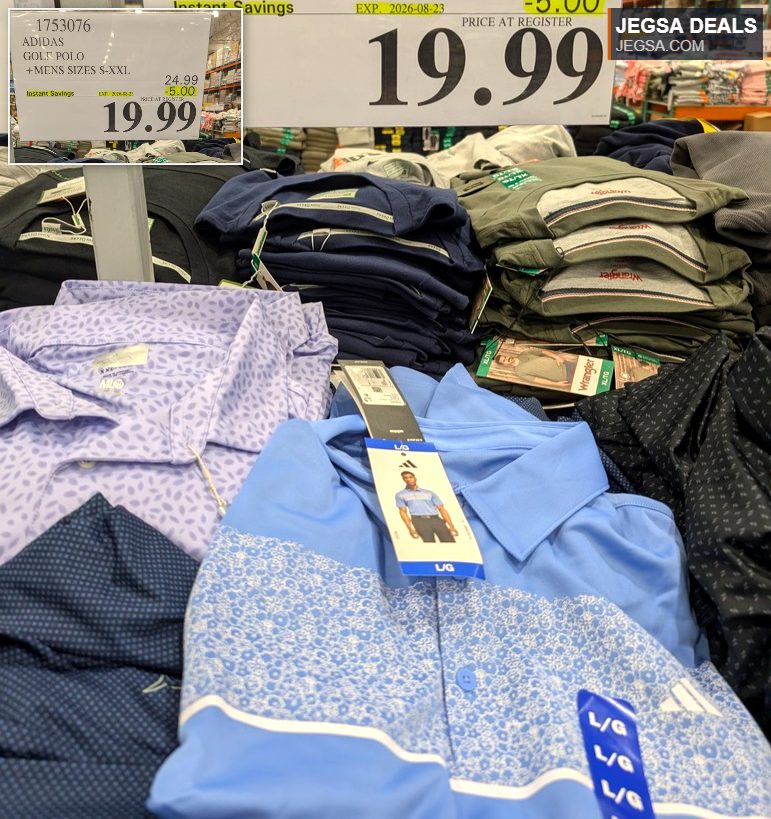 Adidas men's golf polo shirts in a variety of colors and patterns, perfect for the course, available at Costco.