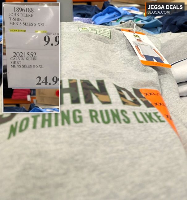 Grey John Deere men's t-shirt with camouflage logo, on sale for $9.99 at Costco.