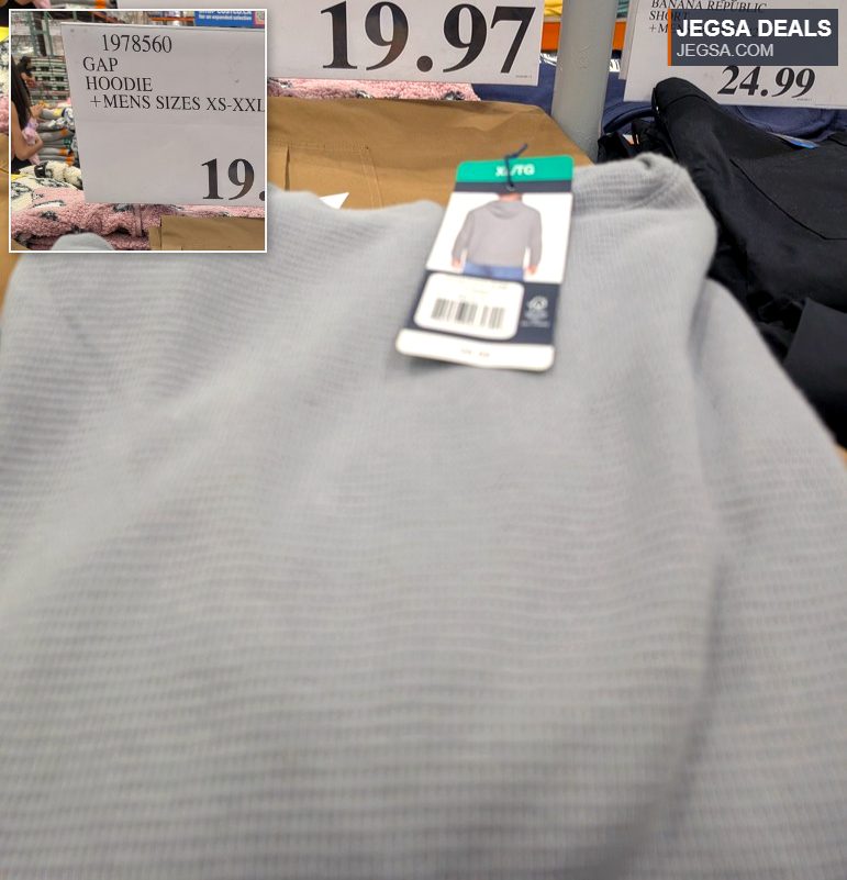 Light gray GAP men's hoodie from Costco for $19.97, available in sizes XS-XXL.